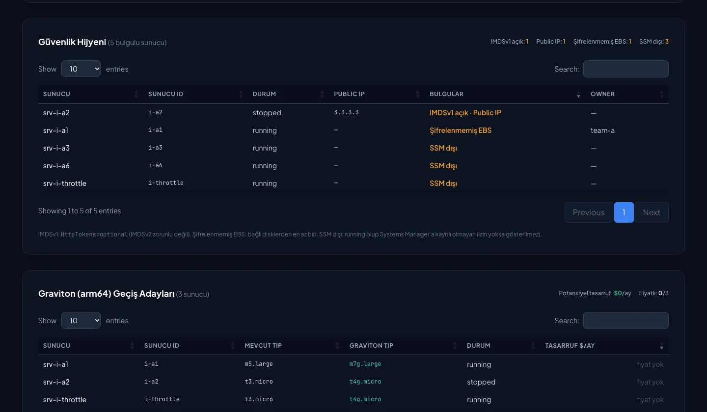 Cloud Inventory & Cost Optimizer: Cloud Inventory & Cost Optimizer örnek raporu ve AI Task Solver örnek akışı; gerçek hesap verisi içermez.